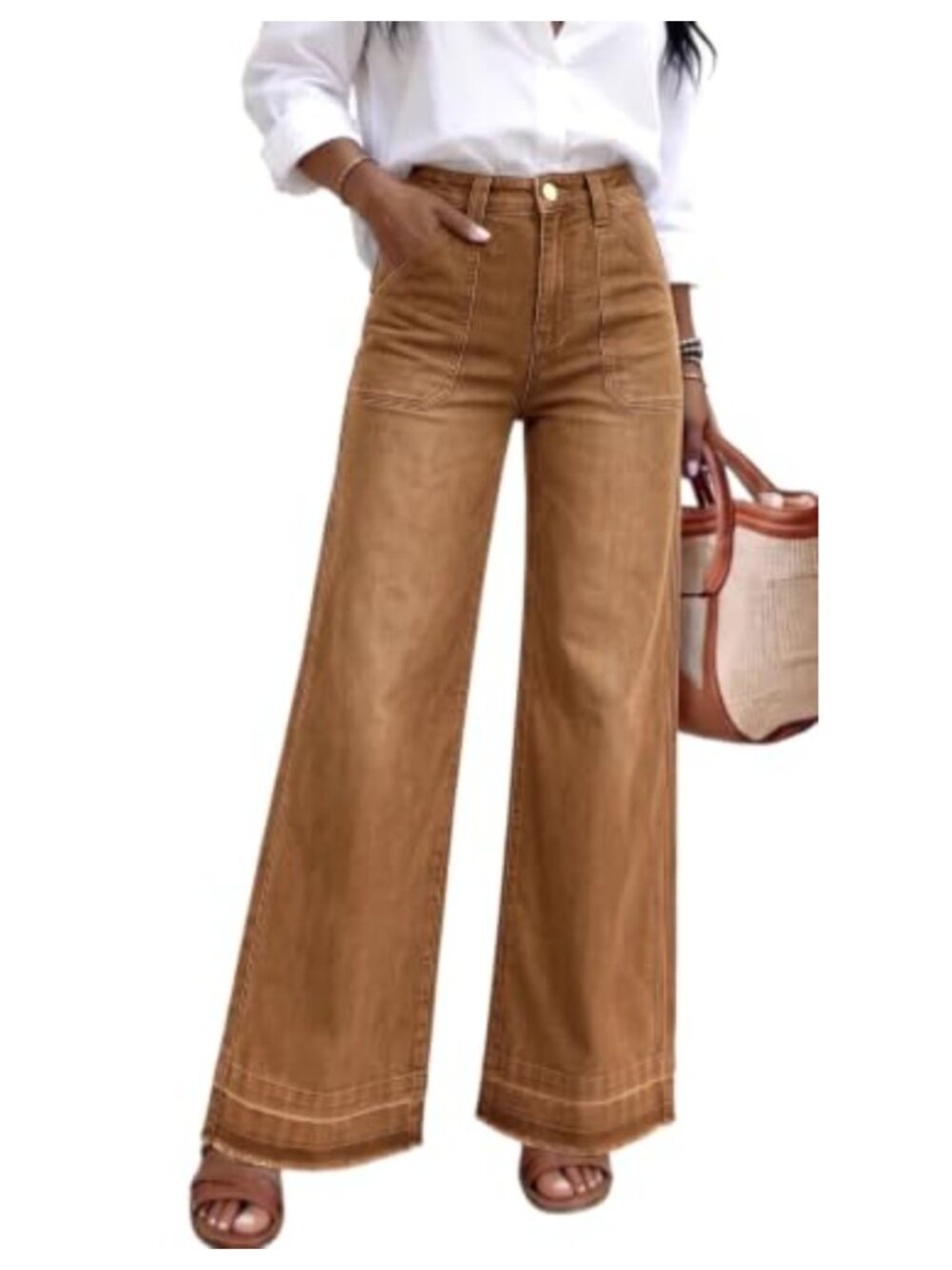 High Waisted Wide Leg Jeans Soft Stretch Denim Raw Hem Trouser Pants